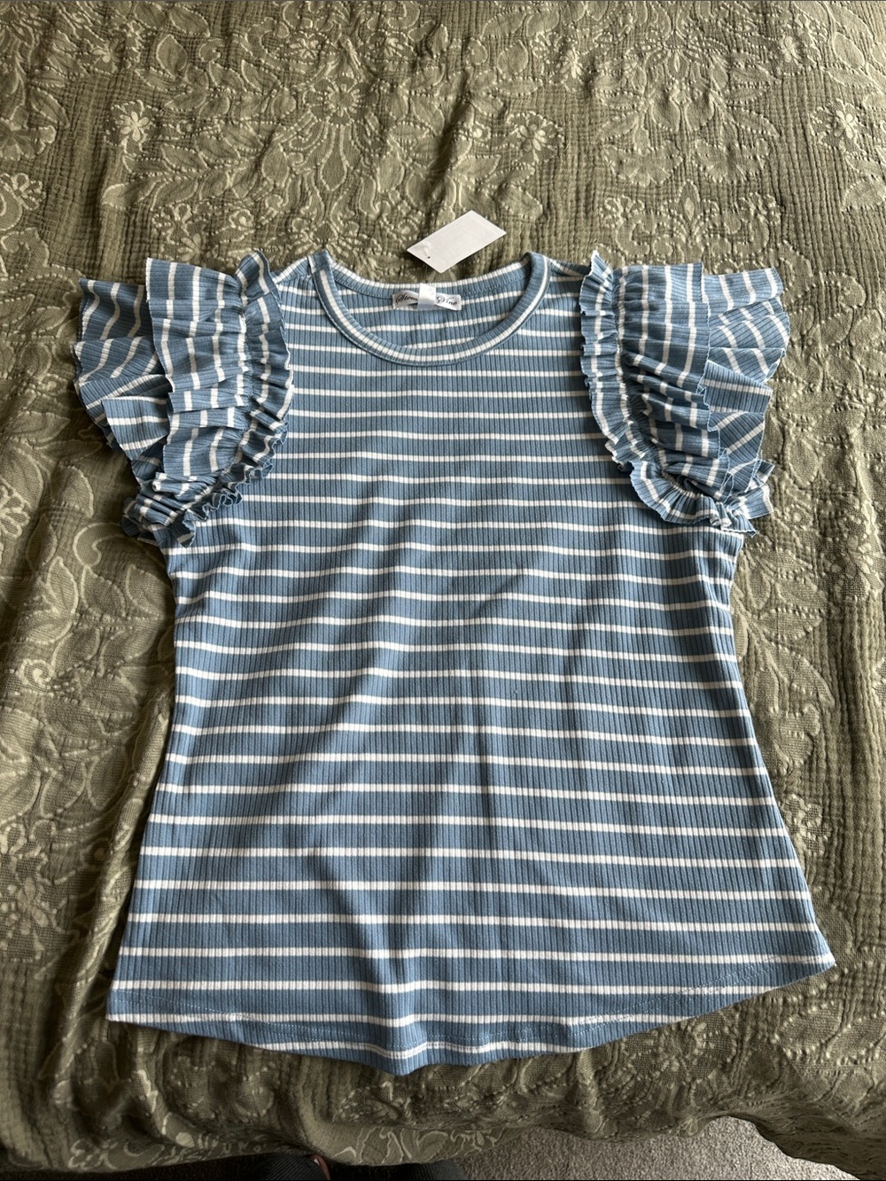 Ruffled Sleeve Striped Short Sleeve Tee - Blue/White
